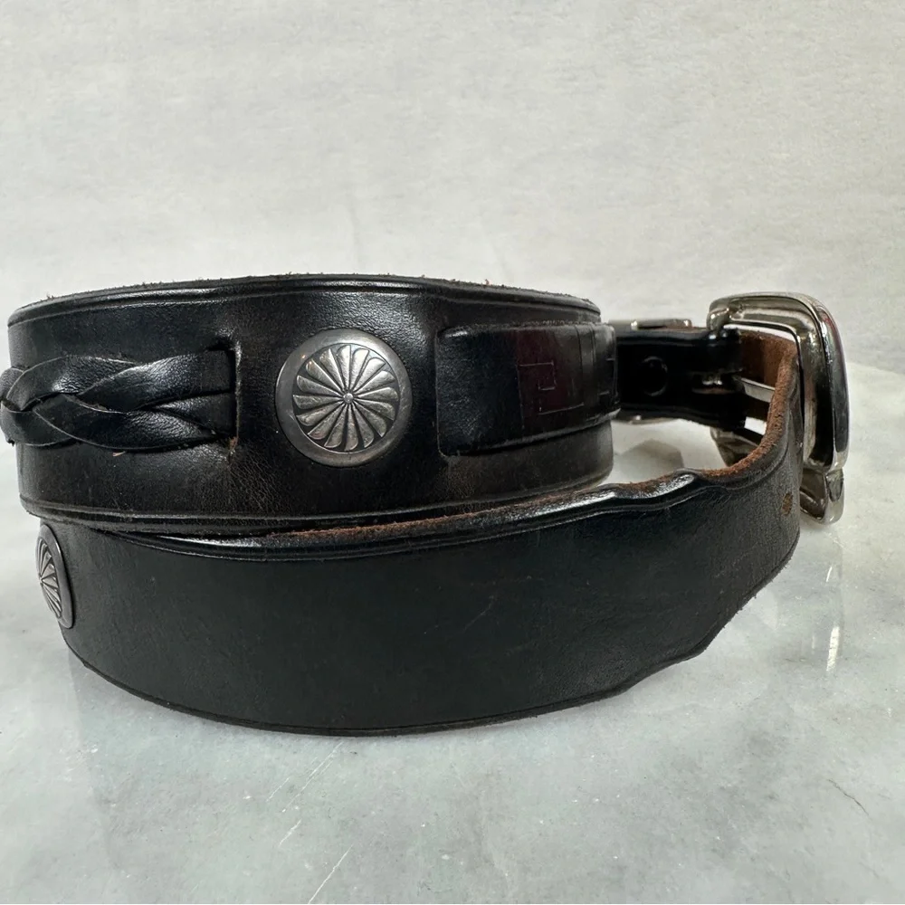 Black Leather Belt western Silver Buckle concho southwestern cowboy cowgirl boho